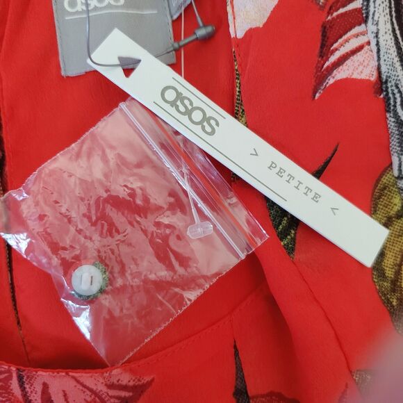 ASOS Dress Womens Petite Size 2 Red Floral Mesh Insert Fit and Flare Midi New - Picture 12 of 14